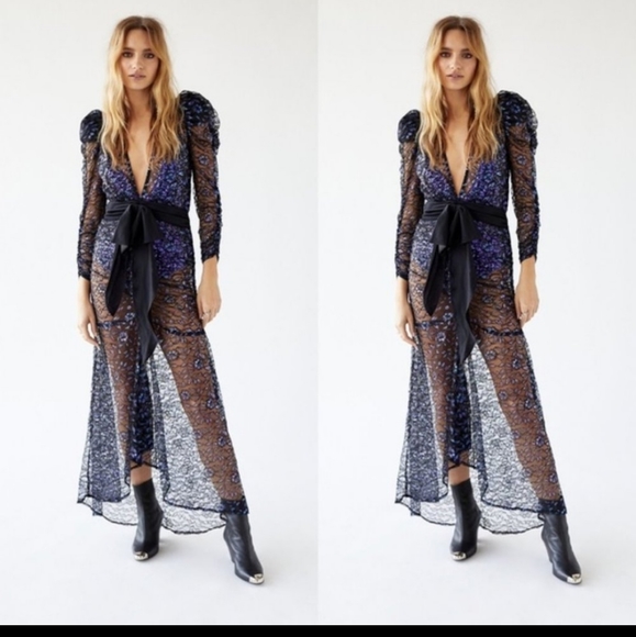 NWT FOR LOVE & LEMONS Sequin & Metallic Navy Blue Rodin Sparkly Sheer Maxi Dress - Picture 4 of 13